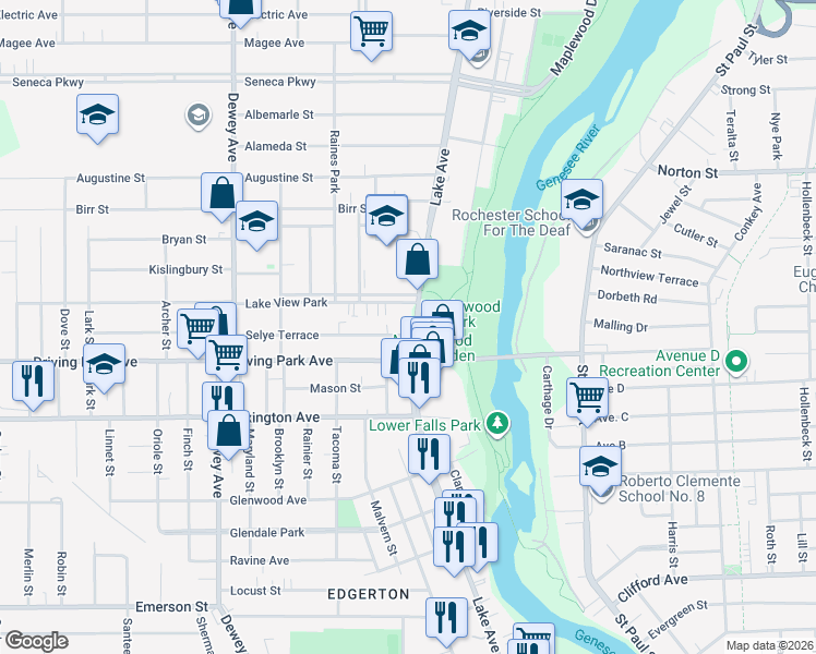 map of restaurants, bars, coffee shops, grocery stores, and more near 22 Selye Terrace in Rochester