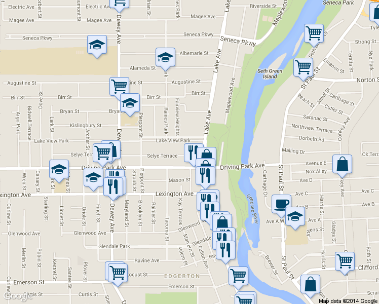 map of restaurants, bars, coffee shops, grocery stores, and more near 22 Selye Terrace in Rochester