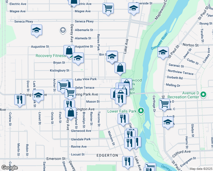 map of restaurants, bars, coffee shops, grocery stores, and more near 80 Selye Terrace in Rochester
