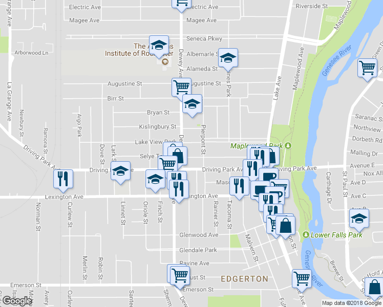 map of restaurants, bars, coffee shops, grocery stores, and more near 906 Dewey Avenue in Rochester