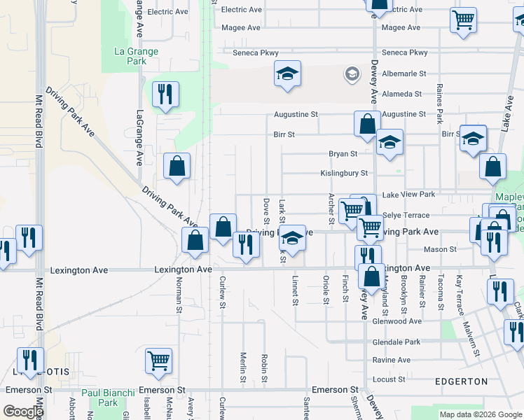 map of restaurants, bars, coffee shops, grocery stores, and more near 130 Bidwell Terrace in Rochester