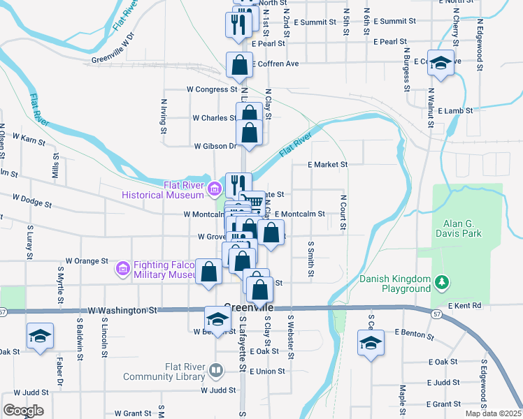 map of restaurants, bars, coffee shops, grocery stores, and more near 108 East Montcalm Street in Greenville