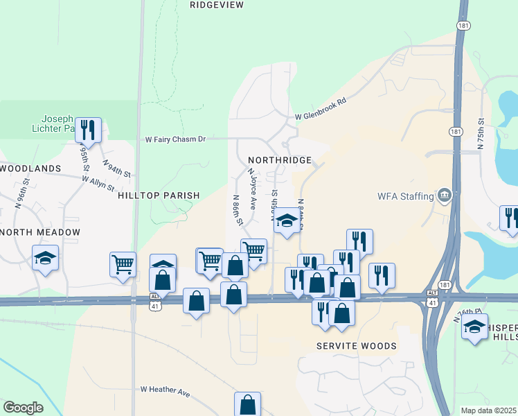 map of restaurants, bars, coffee shops, grocery stores, and more near 9047 North Joyce Avenue in Milwaukee