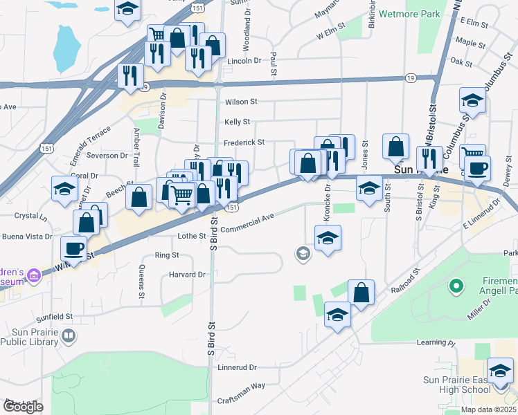 map of restaurants, bars, coffee shops, grocery stores, and more near 689 West Main Street in Sun Prairie