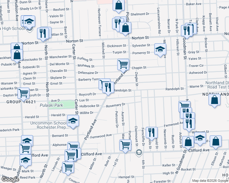 map of restaurants, bars, coffee shops, grocery stores, and more near 21 Randolph Street in Rochester