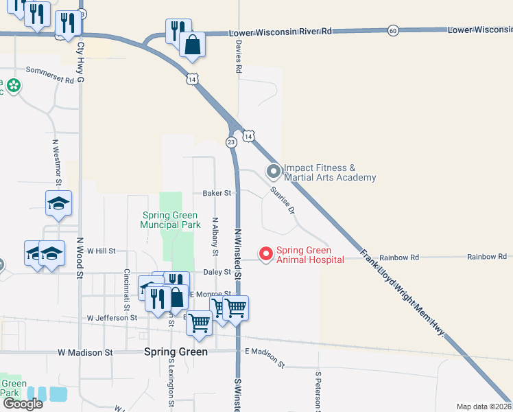 map of restaurants, bars, coffee shops, grocery stores, and more near 605 North Winsted Street in Spring Green