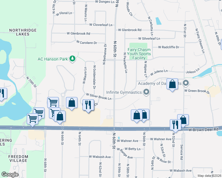 map of restaurants, bars, coffee shops, grocery stores, and more near 9028 North Bethanne Drive in Brown Deer