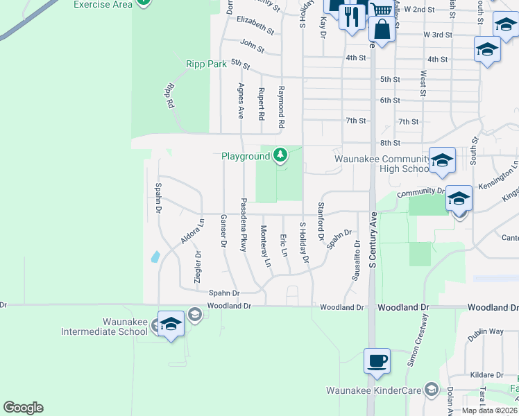 map of restaurants, bars, coffee shops, grocery stores, and more near 1203 Centennial Parkway in Waunakee