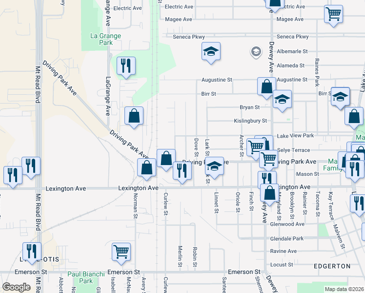 map of restaurants, bars, coffee shops, grocery stores, and more near 123 Bidwell Terrace in Rochester