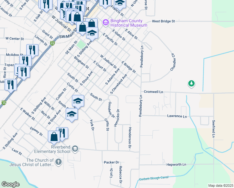 map of restaurants, bars, coffee shops, grocery stores, and more near 75 Horrocks Drive in Blackfoot