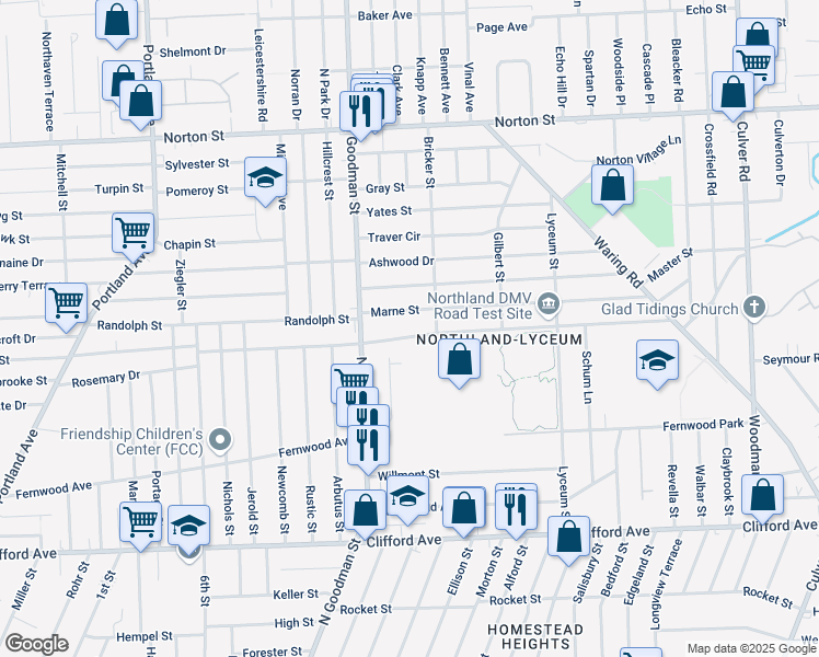 map of restaurants, bars, coffee shops, grocery stores, and more near 294 Northland Avenue in Rochester