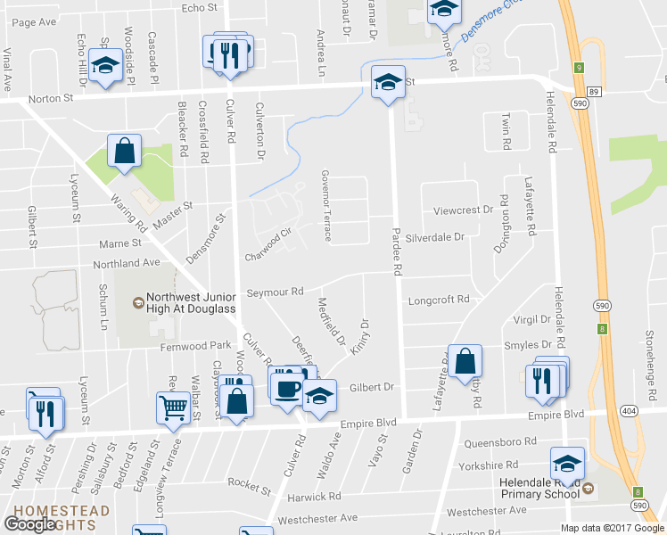 map of restaurants, bars, coffee shops, grocery stores, and more near 170 Seymour Road in Rochester