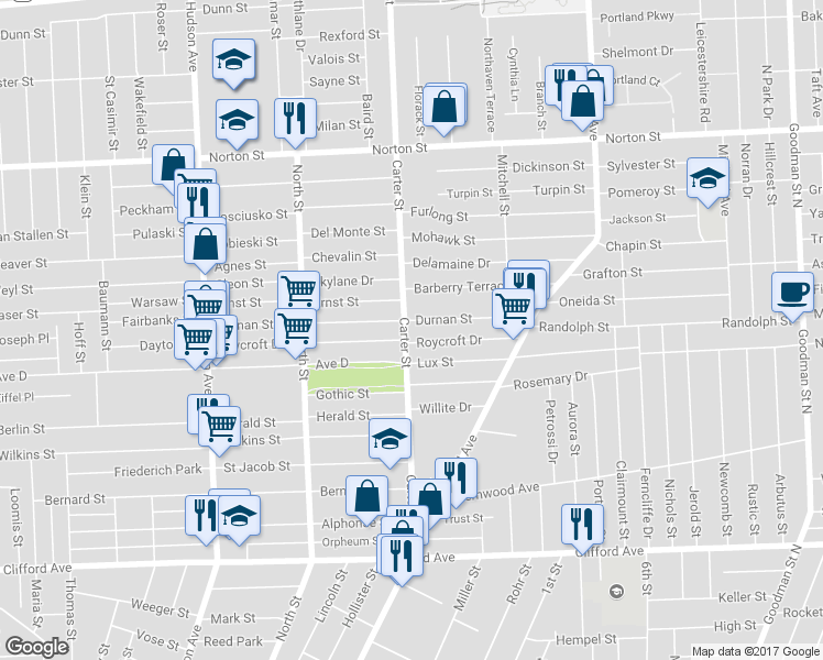 map of restaurants, bars, coffee shops, grocery stores, and more near 302 Carter Street in Rochester