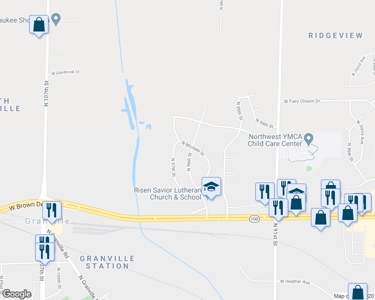 map of restaurants, bars, coffee shops, grocery stores, and more near 8965 North 96th Street in Milwaukee