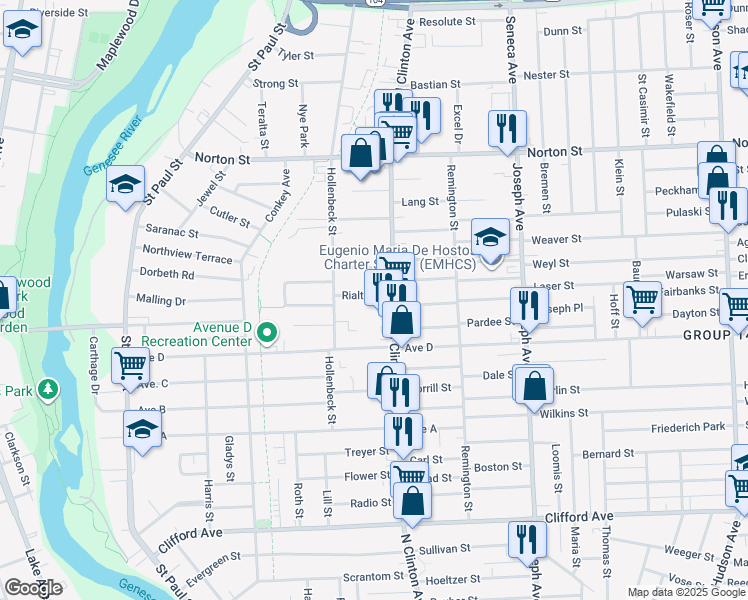 map of restaurants, bars, coffee shops, grocery stores, and more near 57 Rialto Street in Rochester