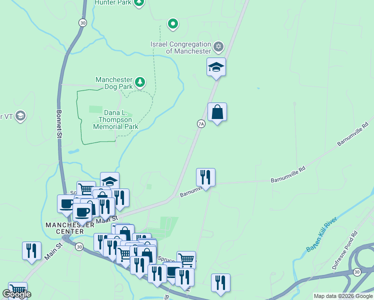 map of restaurants, bars, coffee shops, grocery stores, and more near 5559 Main Street in Bennington County