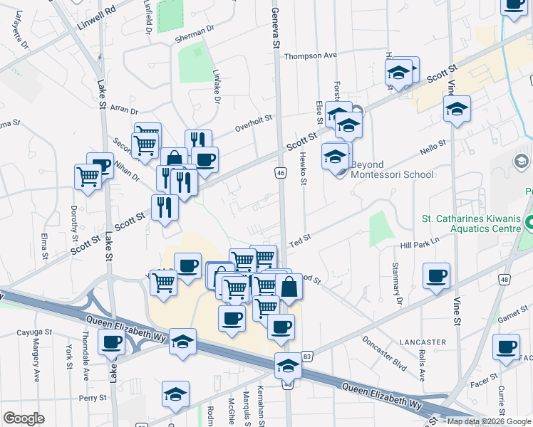 map of restaurants, bars, coffee shops, grocery stores, and more near in St. Catharines