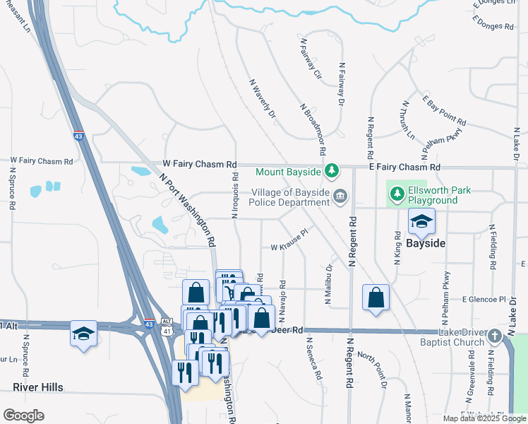 map of restaurants, bars, coffee shops, grocery stores, and more near 220 West Ellsworth Lane in Bayside