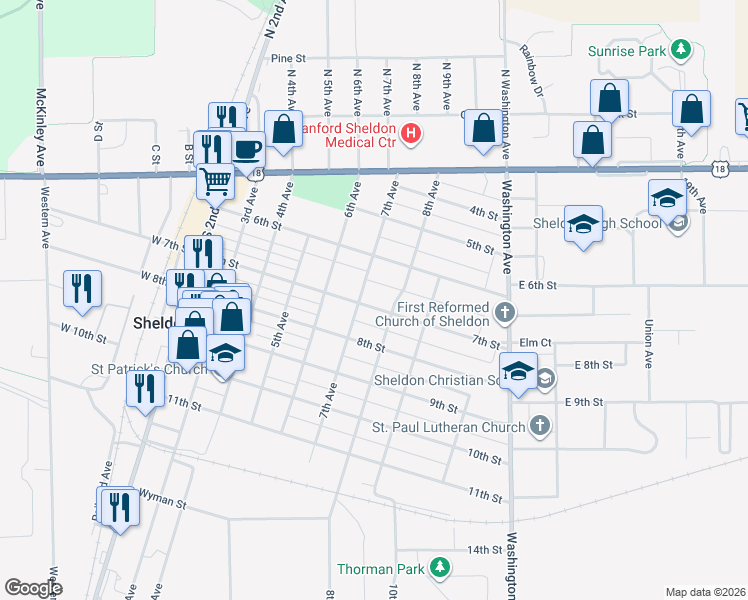 map of restaurants, bars, coffee shops, grocery stores, and more near 668-698 7th Avenue in Sheldon