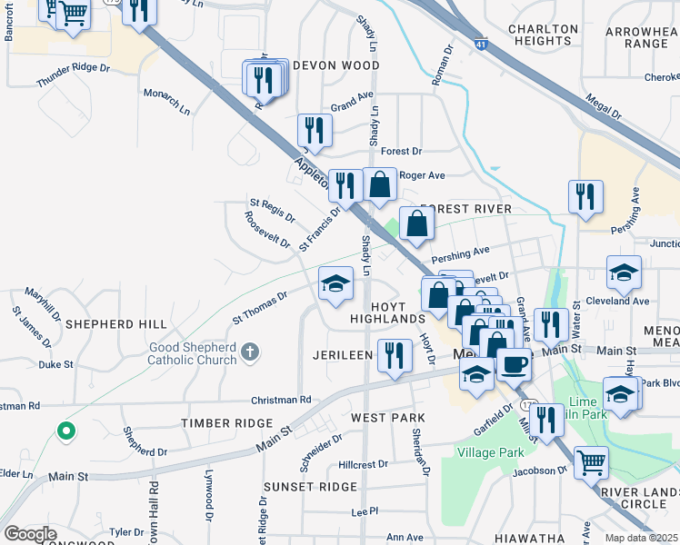 map of restaurants, bars, coffee shops, grocery stores, and more near N90W17398 Saint Thomas Drive in Menomonee Falls