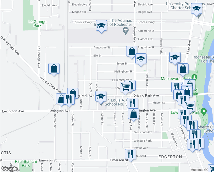 map of restaurants, bars, coffee shops, grocery stores, and more near 400 Selye Terrace in Rochester