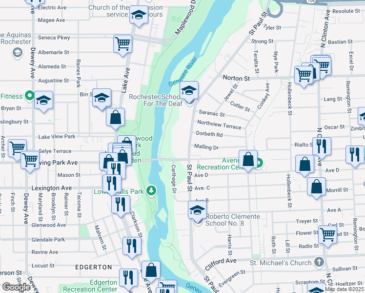 map of restaurants, bars, coffee shops, grocery stores, and more near 1400 Saint Paul Street in Rochester