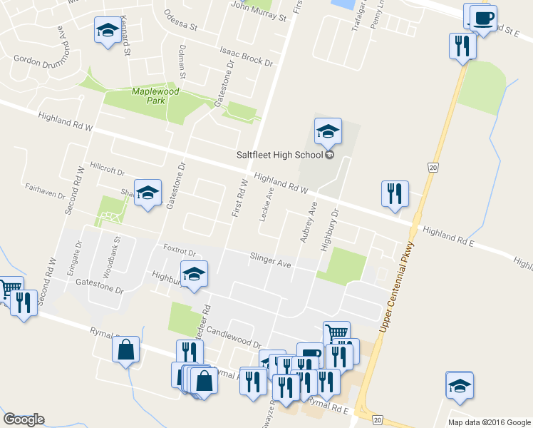 map of restaurants, bars, coffee shops, grocery stores, and more near 36 Leckie Avenue in Hamilton