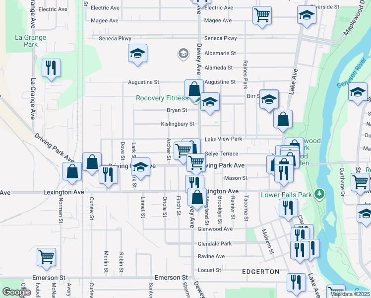 map of restaurants, bars, coffee shops, grocery stores, and more near 292 Selye Terrace in Rochester