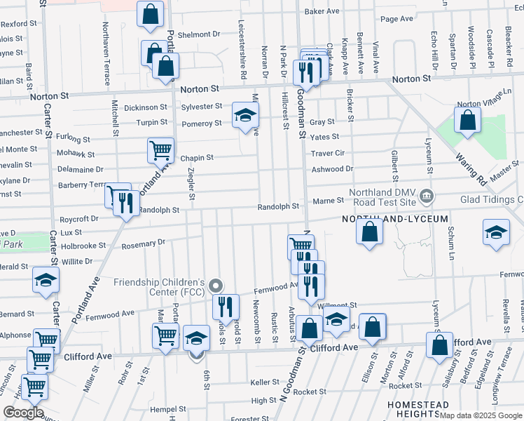 map of restaurants, bars, coffee shops, grocery stores, and more near 285 Randolph Street in Rochester