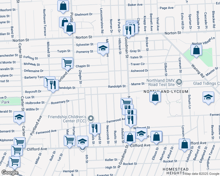 map of restaurants, bars, coffee shops, grocery stores, and more near 285 Randolph Street in Rochester
