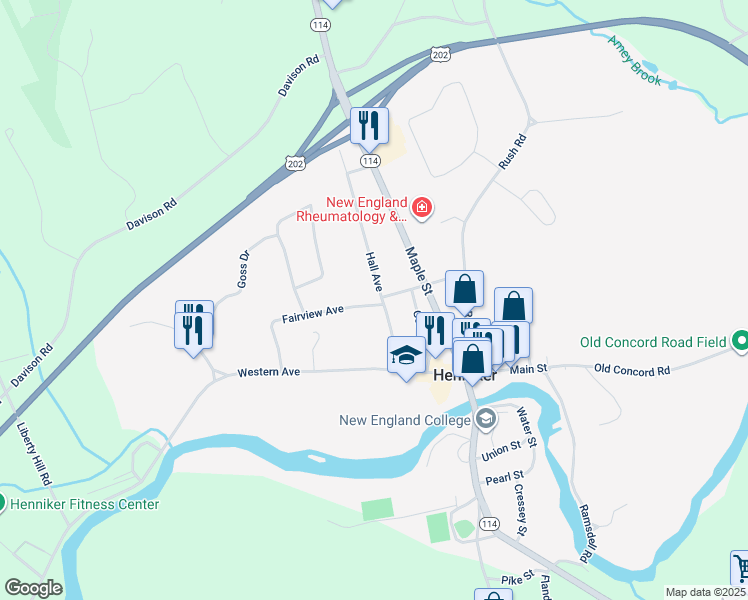 map of restaurants, bars, coffee shops, grocery stores, and more near 83 Hall Avenue in Henniker