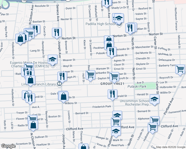 map of restaurants, bars, coffee shops, grocery stores, and more near 21 Fairbanks Street in Rochester