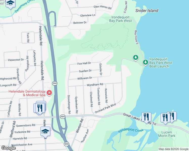 map of restaurants, bars, coffee shops, grocery stores, and more near 158 Willowen Drive in Irondequoit
