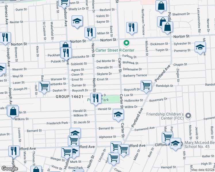 map of restaurants, bars, coffee shops, grocery stores, and more near 201 Durnan Street in Rochester