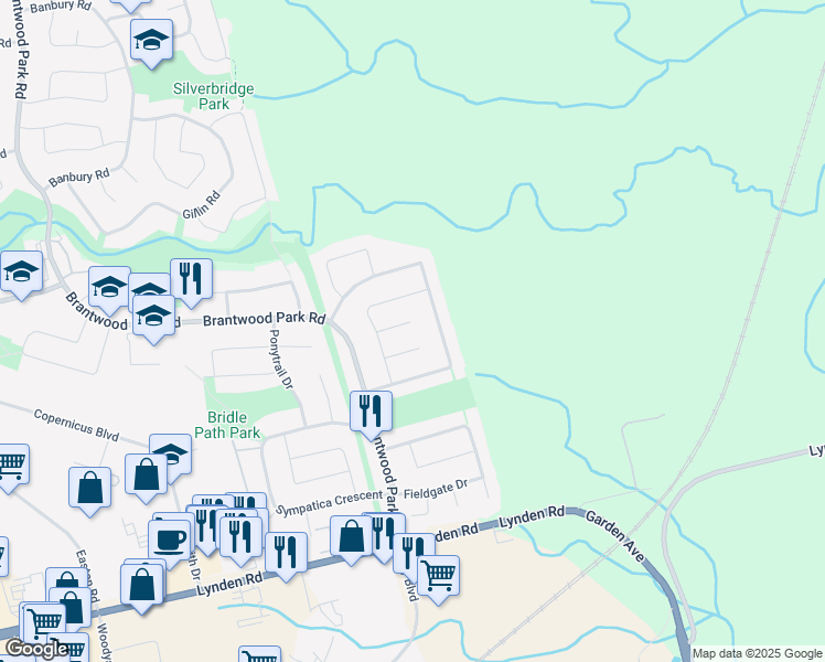 map of restaurants, bars, coffee shops, grocery stores, and more near 14 Pinto Court in Brantford