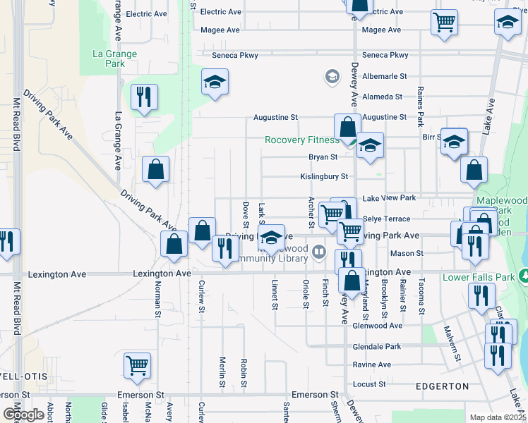 map of restaurants, bars, coffee shops, grocery stores, and more near 128 Lark Street in Rochester