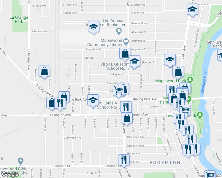 map of restaurants, bars, coffee shops, grocery stores, and more near 340 Selye Terrace in Rochester
