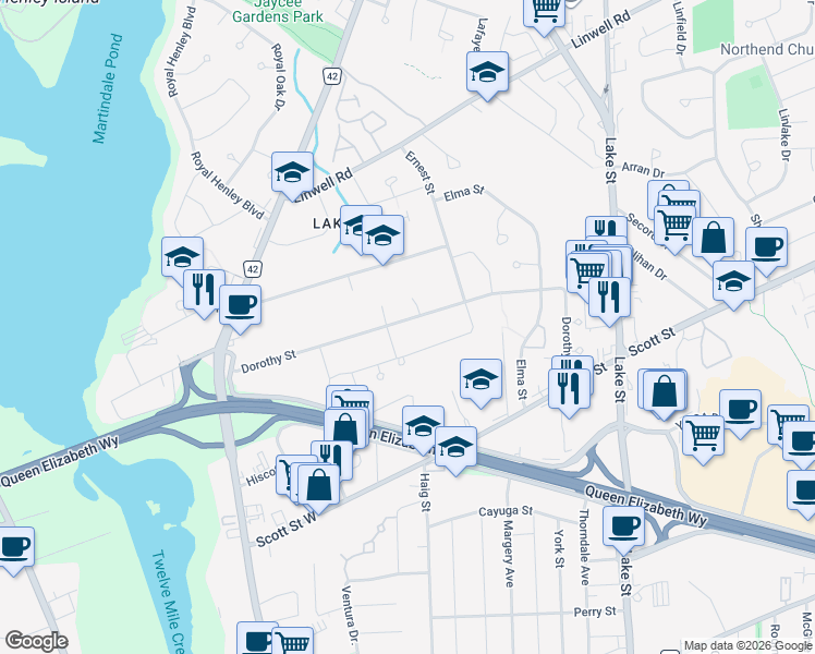 map of restaurants, bars, coffee shops, grocery stores, and more near 62 Dorothy Street in St. Catharines