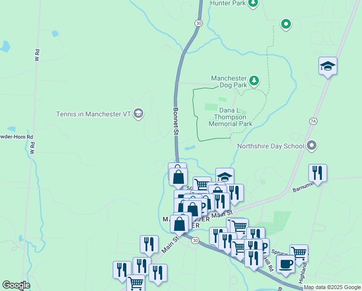map of restaurants, bars, coffee shops, grocery stores, and more near 358 Bonnet Street in Manchester
