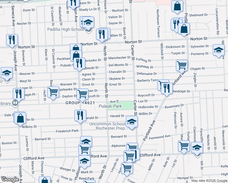 map of restaurants, bars, coffee shops, grocery stores, and more near 165 Durnan Street in Rochester