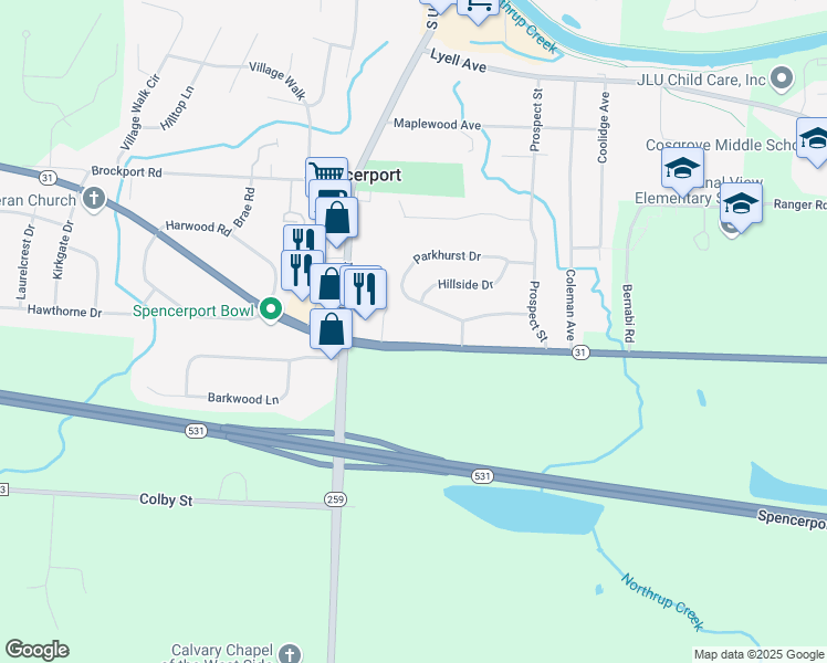 map of restaurants, bars, coffee shops, grocery stores, and more near 2836 Nichols St in Spencerport