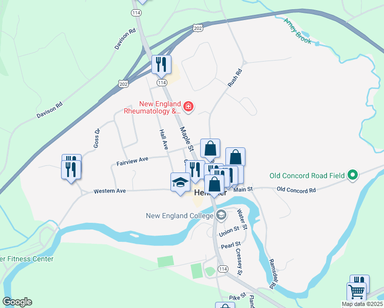map of restaurants, bars, coffee shops, grocery stores, and more near 73 Prospect Street in Henniker