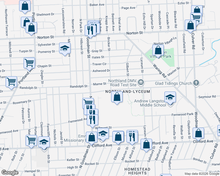 map of restaurants, bars, coffee shops, grocery stores, and more near 348 Northland Avenue in Rochester