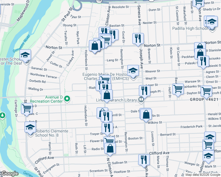 map of restaurants, bars, coffee shops, grocery stores, and more near in Rochester