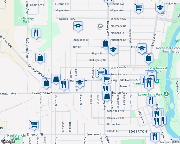 map of restaurants, bars, coffee shops, grocery stores, and more near 340 Selye Terrace in Rochester