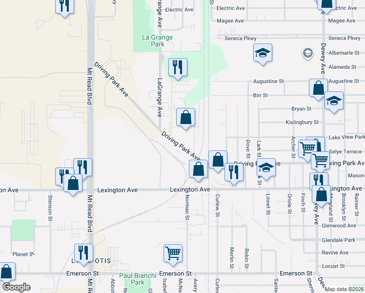 map of restaurants, bars, coffee shops, grocery stores, and more near 777 Driving Park Avenue in Rochester