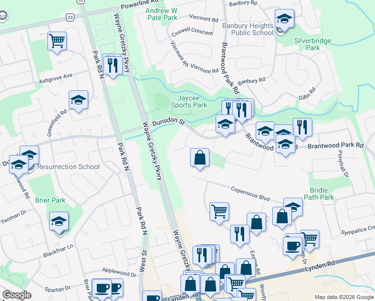 map of restaurants, bars, coffee shops, grocery stores, and more near 52 Buchanan Crescent in Brantford