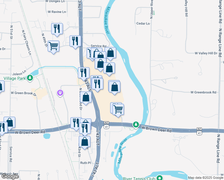 map of restaurants, bars, coffee shops, grocery stores, and more near 9060 North Green Bay Road in Brown Deer