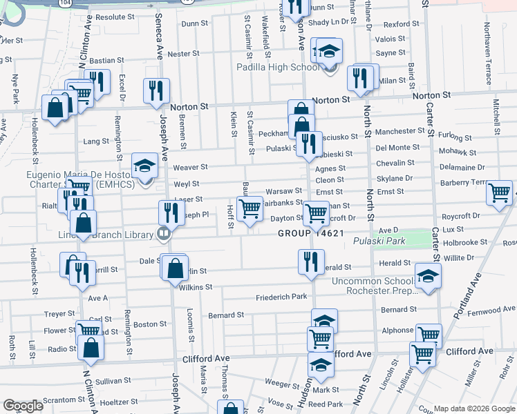 map of restaurants, bars, coffee shops, grocery stores, and more near 25 Fairbanks Street in Rochester