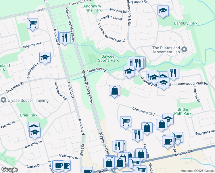 map of restaurants, bars, coffee shops, grocery stores, and more near 44 Buchanan Crescent in Brantford
